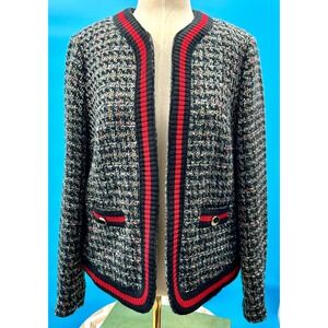 Anne Klein‎ NWT Tweed Open Front Jacket Navy Black Red Novelty Trim Size 12